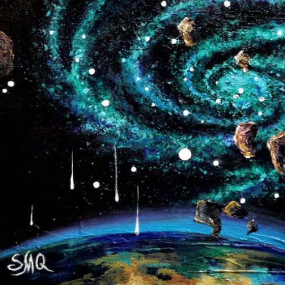 Meteor storm & emerald galaxy. Space Art Acrylic Painting by Sofia Goldberg - Picture 3 of 4